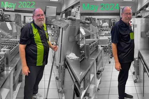 Before and after photo showing significant weight loss, compared progress from May 2022 to May 2024.